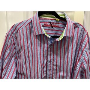 Robert Graham Mens 2XL Tailored Fit Striped Gingham Button Down Shirt Blue Red